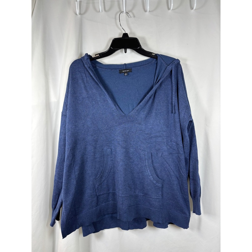 Verve Ami Womens Blue Hooded V-Neck Sweater Kangaroo Pocket Size M Relaxed Fit